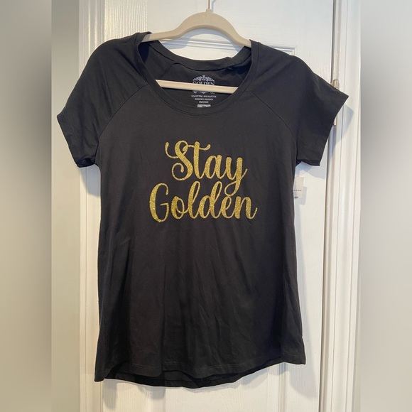 NWT Golden Nugget Size M Stay Golden Glitter Print Black Short Sleeve Tee Shirt - Picture 1 of 10